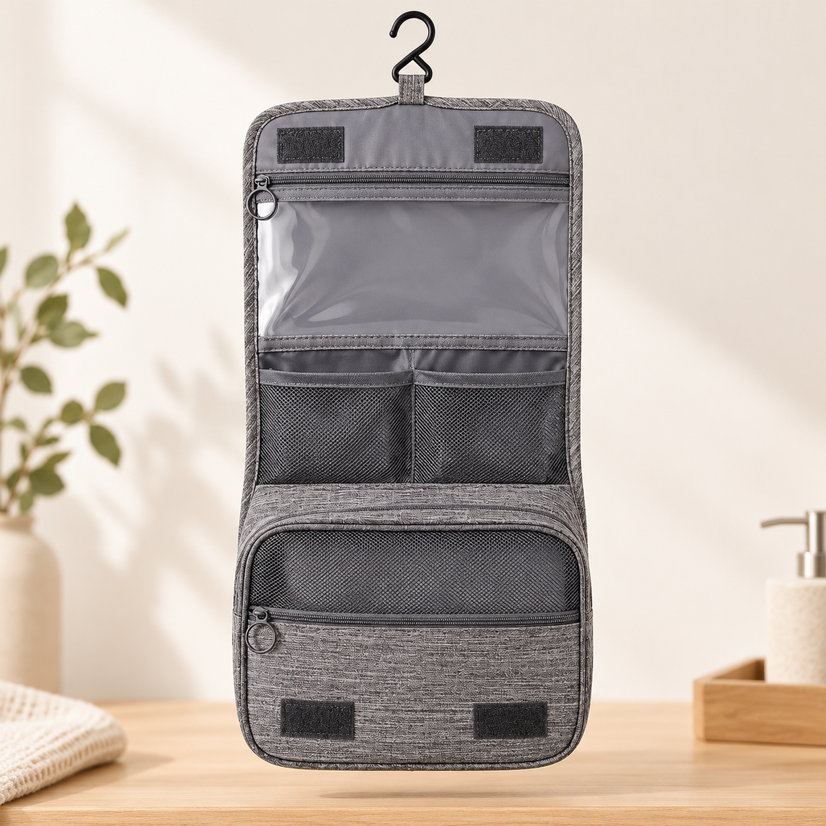 Hanging Toiletry Organizer — Gray — product view — product illustration
