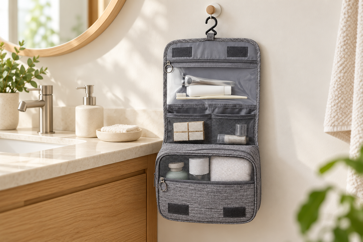 Hanging Toiletry Organizer — Gray — styled scene — product illustration