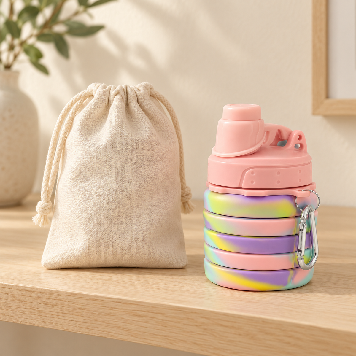 Collapsible Travel Bottle — Pastel — styled scene — product illustration