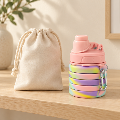 Collapsible Travel Bottle — Pastel — styled scene — product illustration