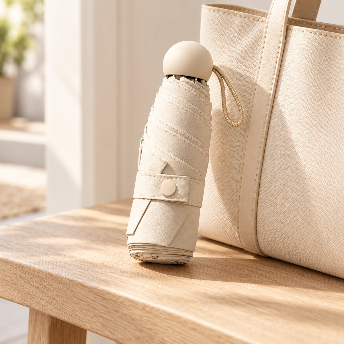 Compact Folding Umbrella — Cream — styled scene — product illustration