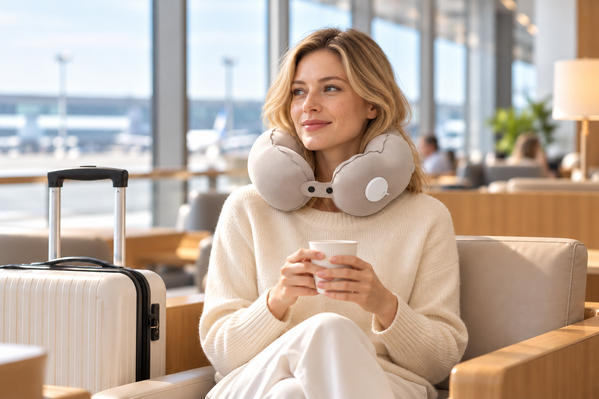 Inflatable Travel Neck Pillow — Taupe — styled scene — product illustration