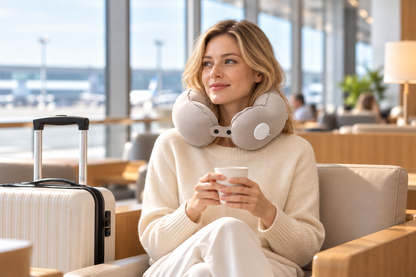 Inflatable Travel Neck Pillow — Taupe — styled scene — product illustration