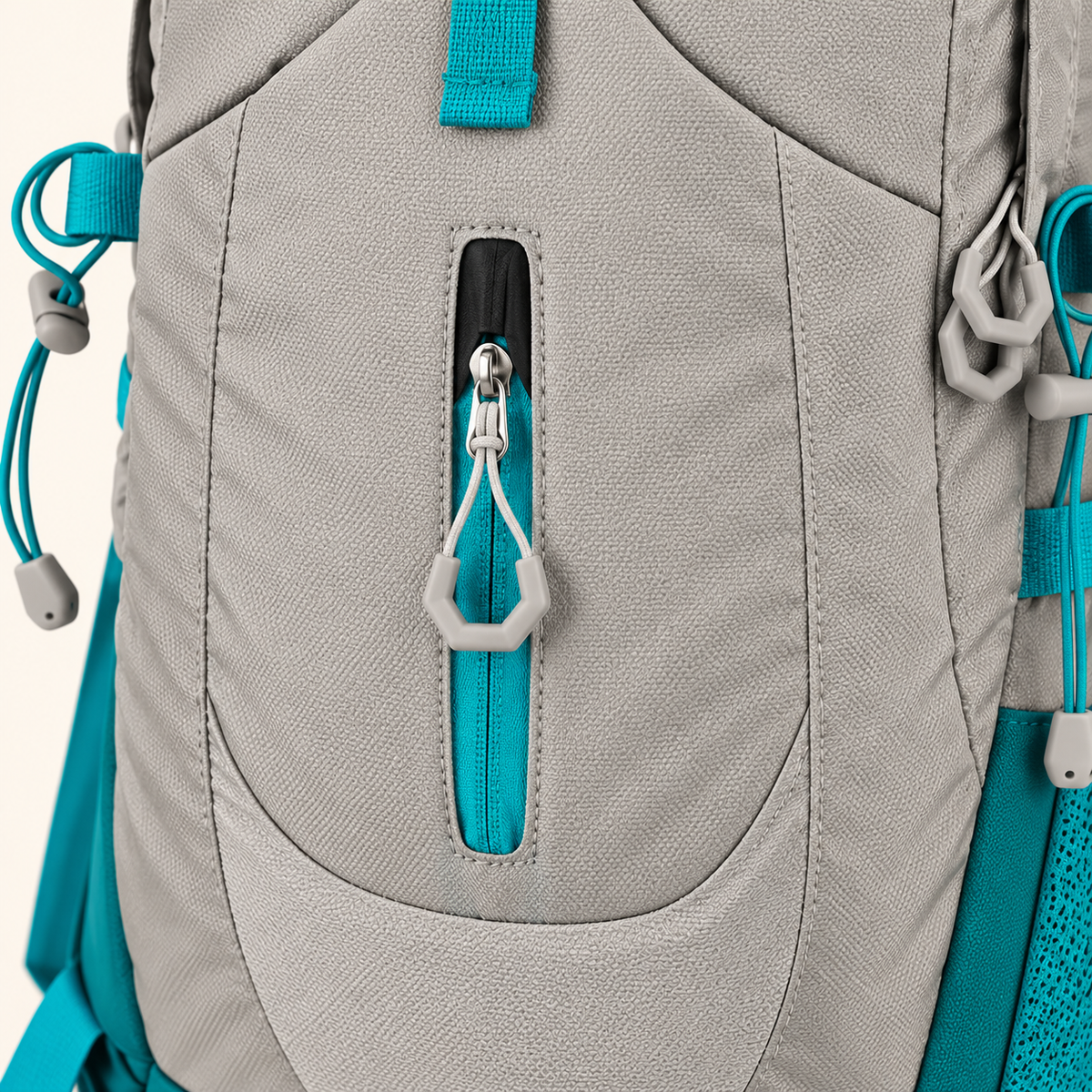 Gray and Teal Hiking Backpack — detail — product illustration