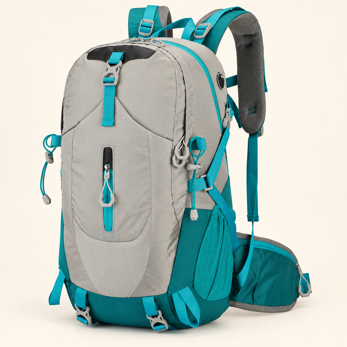 Gray and Teal Hiking Backpack — product view — product illustration