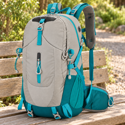 Gray and Teal Hiking Backpack — styled scene — product illustration