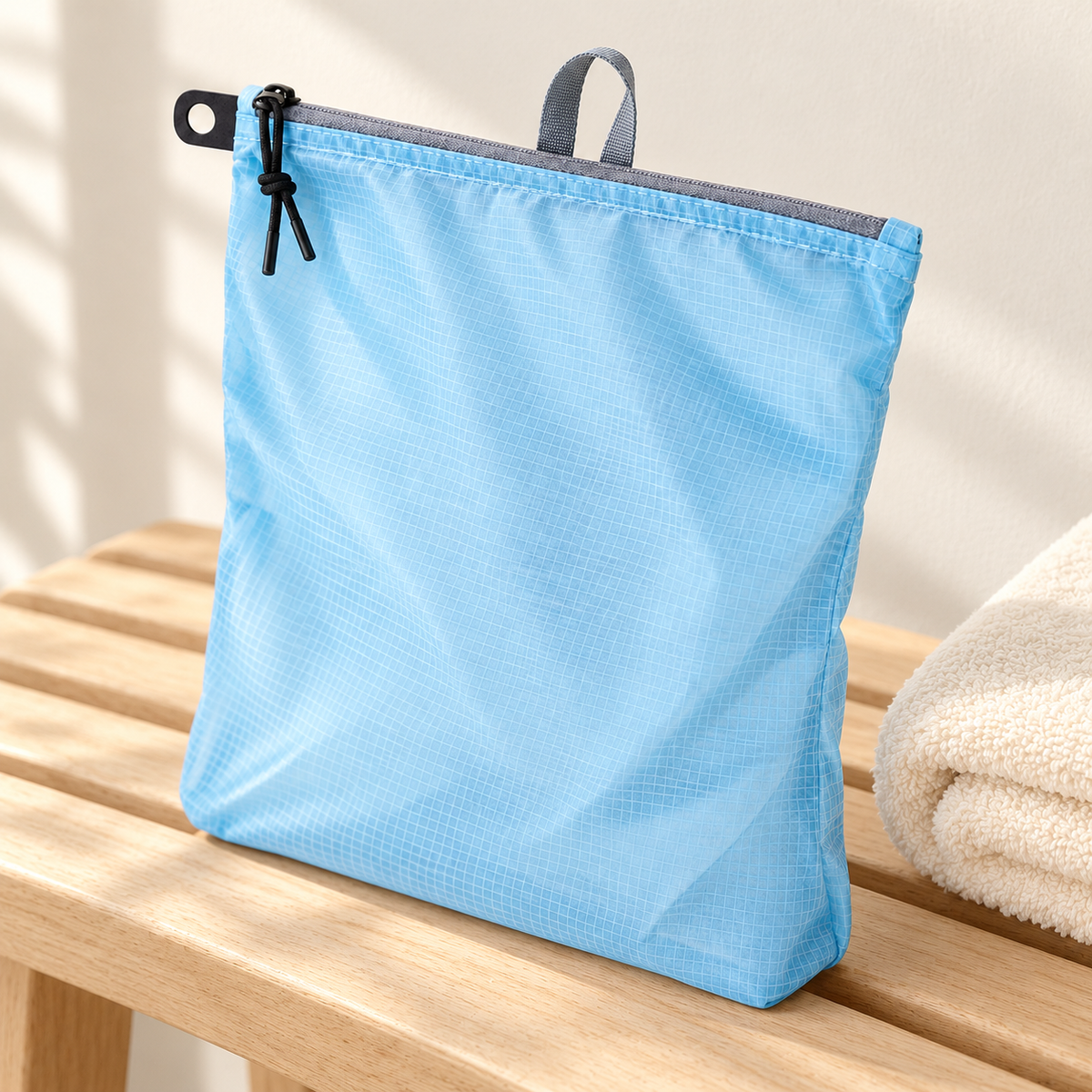 Pale Blue Zip Organizer Pouch — styled scene — product illustration