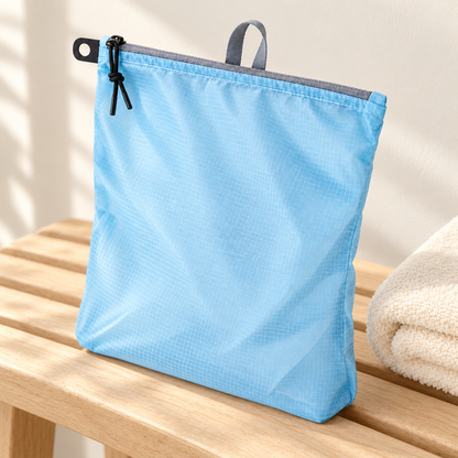 Pale Blue Zip Organizer Pouch — styled scene — product illustration