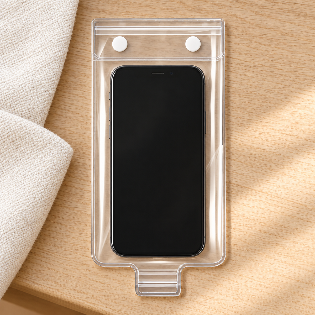 Clear Phone Sleeve with Bottom Tab — styled scene — product illustration