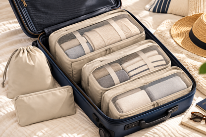 Delunie 11-Piece Travel Organizer Set — Beige — styled lifestyle illustration; accessories not included